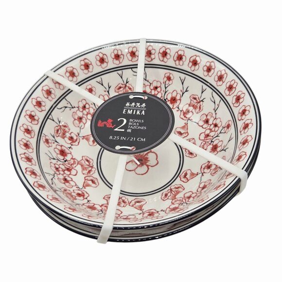 Emika Floral 8.25in Asian Ceramic Ramen Noodle Bowl Set Of 2pc White Dusty Rose - Picture 1 of 13